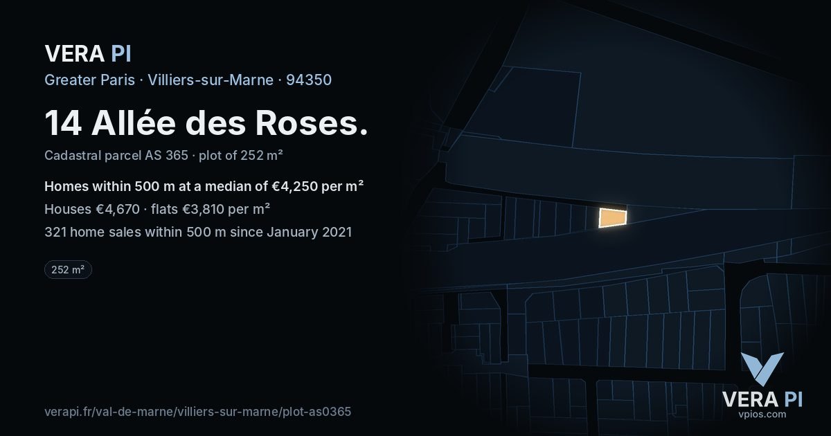 14 Allée des Roses, Villiers-sur-Marne at night – the plot lit, the parcels around coloured by the prices near them