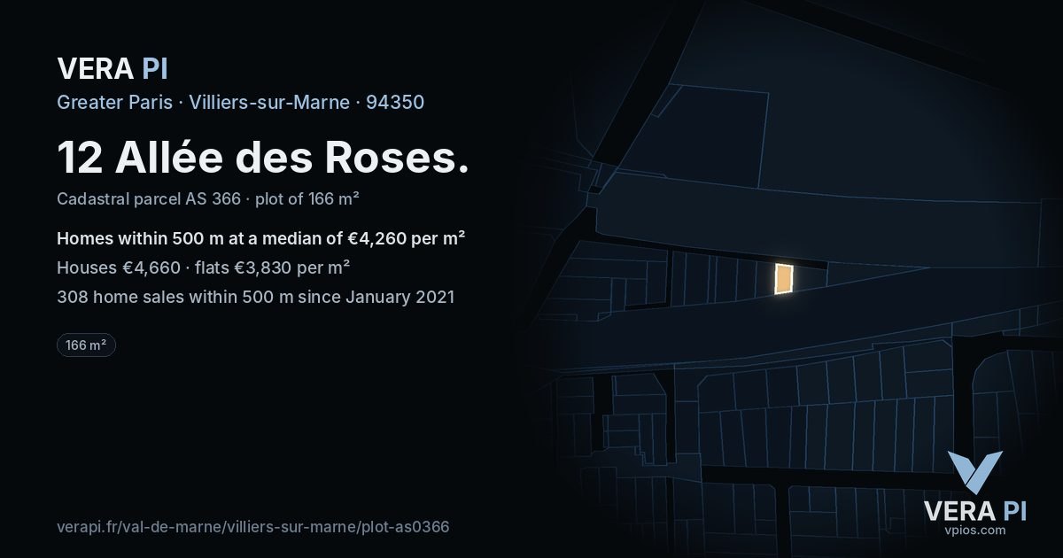 12 Allée des Roses, Villiers-sur-Marne at night – the plot lit, the parcels around coloured by the prices near them