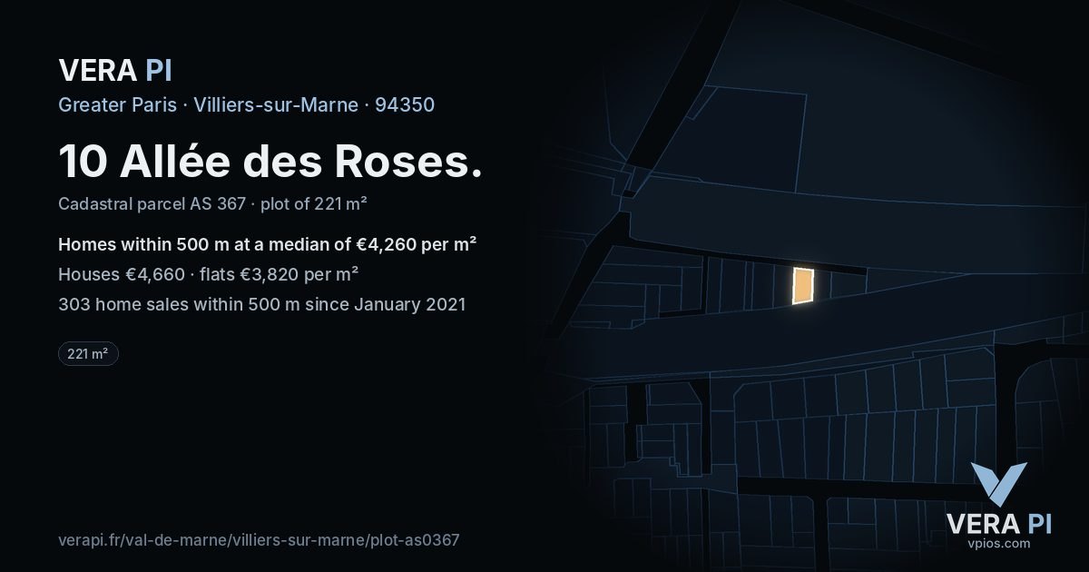 10 Allée des Roses, Villiers-sur-Marne at night – the plot lit, the parcels around coloured by the prices near them