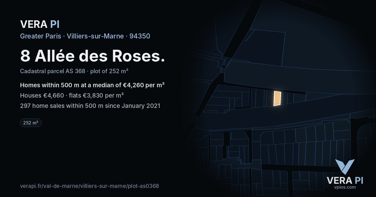 8 Allée des Roses, Villiers-sur-Marne at night – the plot lit, the parcels around coloured by the prices near them