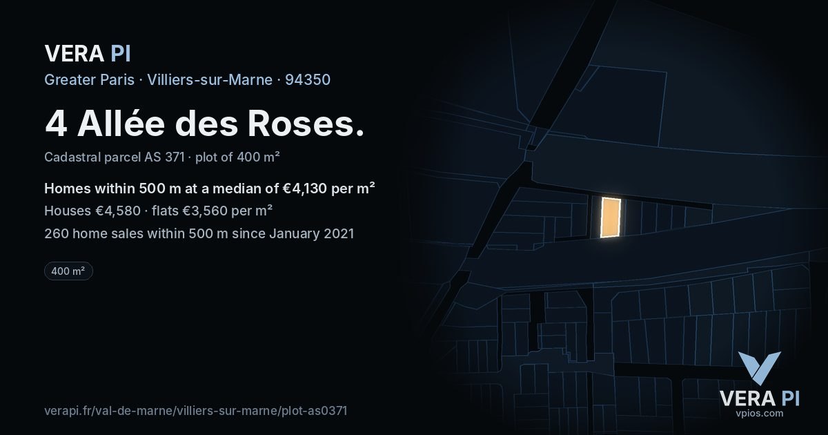 4 Allée des Roses, Villiers-sur-Marne at night – the plot lit, the parcels around coloured by the prices near them