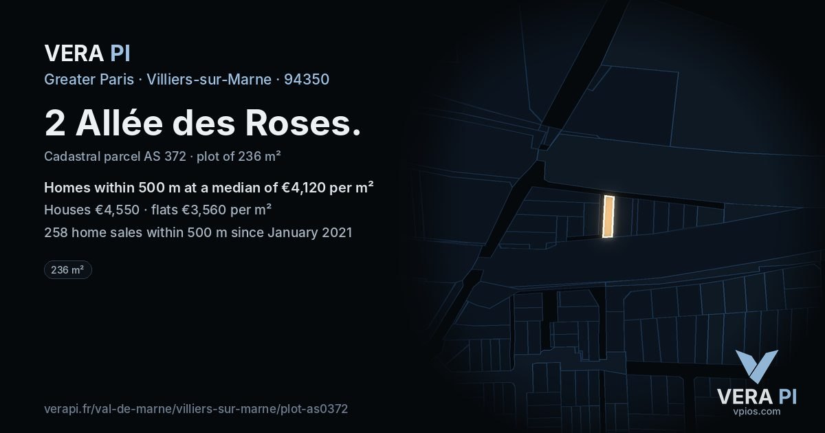 2 Allée des Roses, Villiers-sur-Marne at night – the plot lit, the parcels around coloured by the prices near them