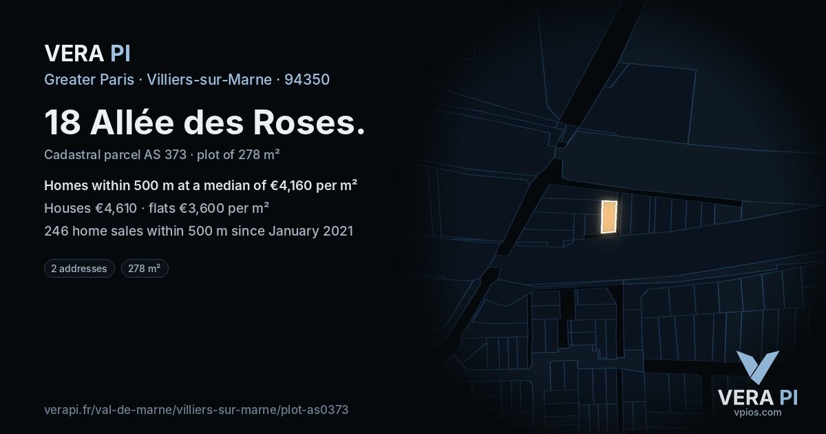 18 Allée des Roses, Villiers-sur-Marne at night – the plot lit, the parcels around coloured by the prices near them