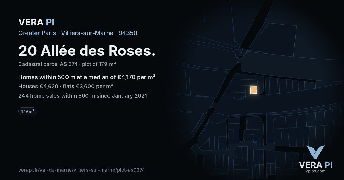 20 Allée des Roses, Villiers-sur-Marne at night – the plot lit, the parcels around coloured by the prices near them