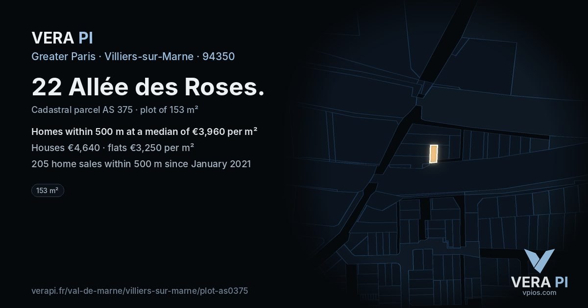 22 Allée des Roses, Villiers-sur-Marne at night – the plot lit, the parcels around coloured by the prices near them