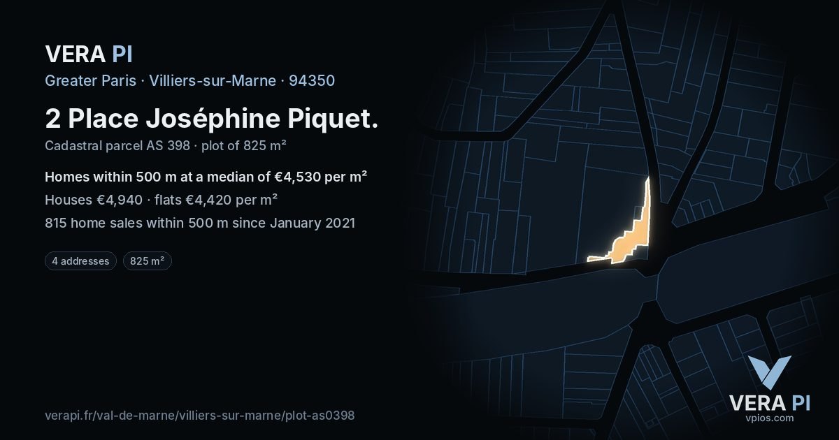 2 Place Joséphine Piquet, Villiers-sur-Marne at night – the plot lit, the parcels around coloured by the prices near them