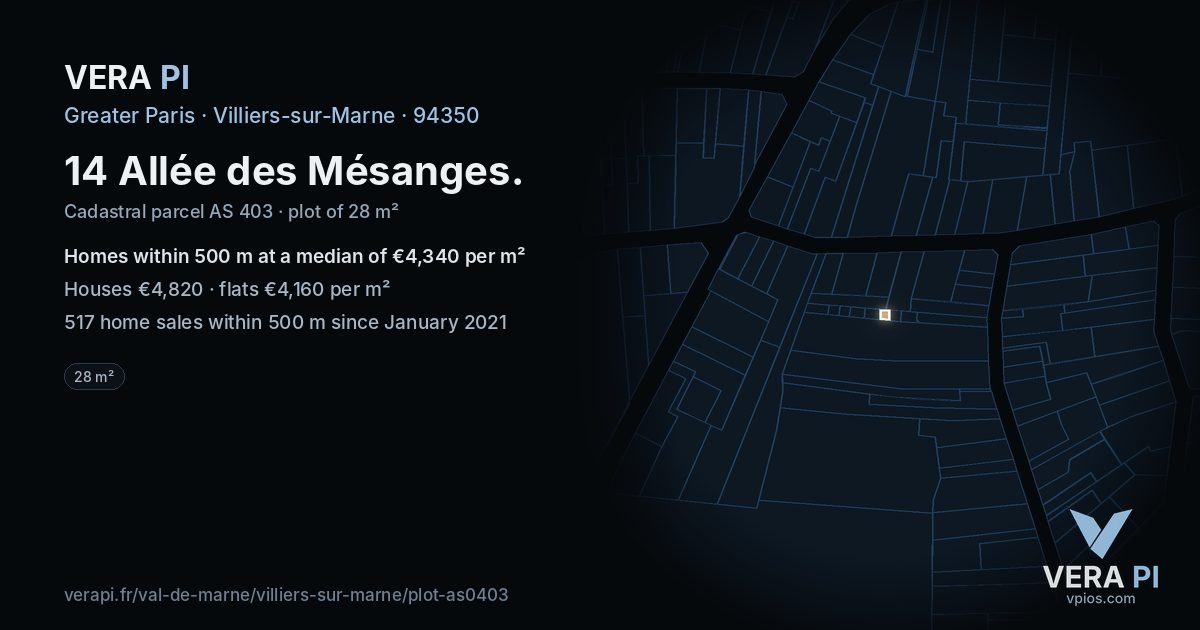 14 Allée des Mésanges, Villiers-sur-Marne at night – the plot lit, the parcels around coloured by the prices near them