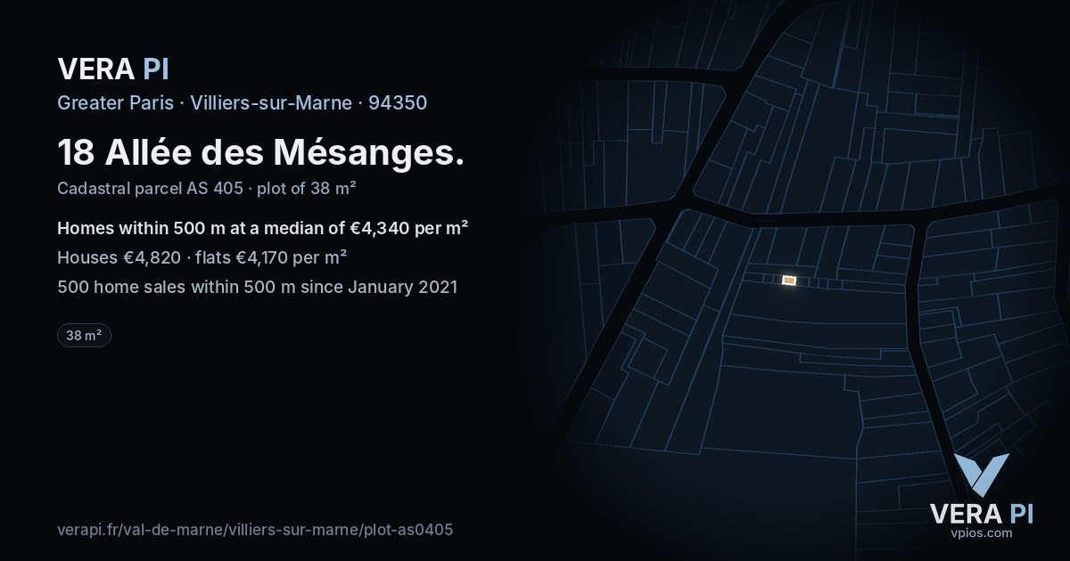 18 Allée des Mésanges, Villiers-sur-Marne at night – the plot lit, the parcels around coloured by the prices near them