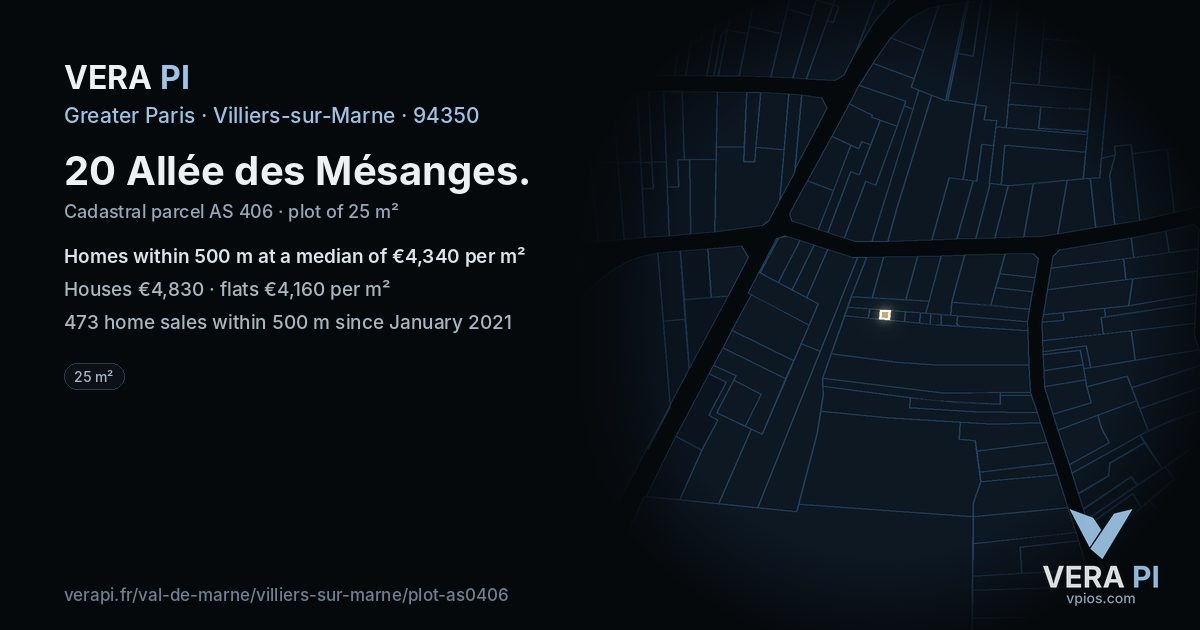 20 Allée des Mésanges, Villiers-sur-Marne at night – the plot lit, the parcels around coloured by the prices near them