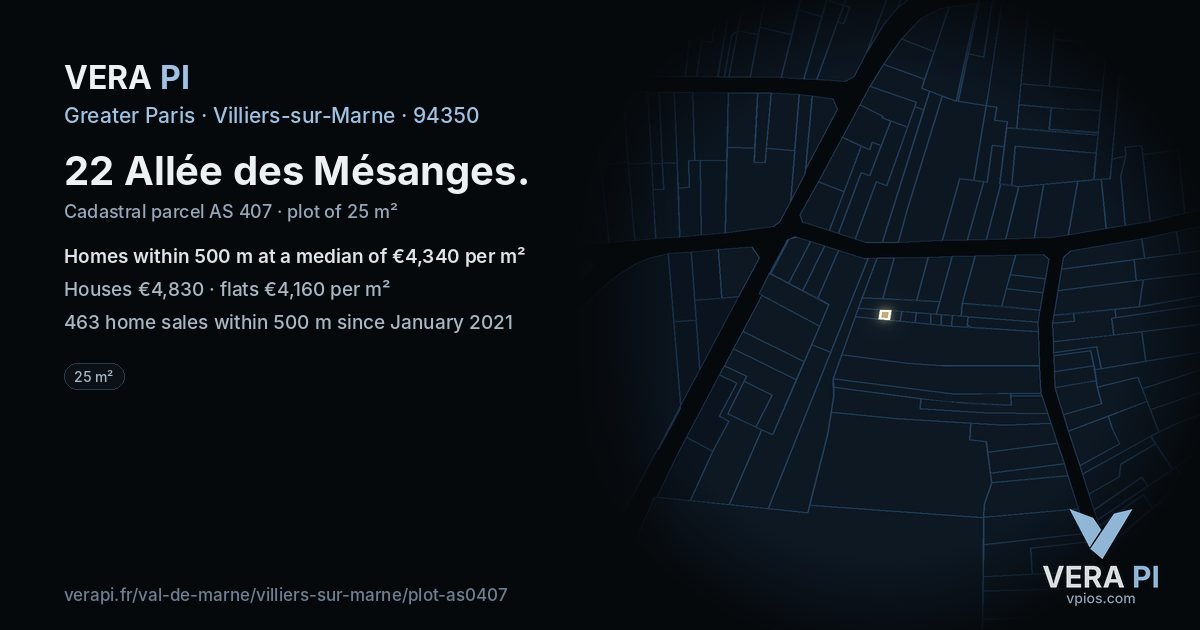 22 Allée des Mésanges, Villiers-sur-Marne at night – the plot lit, the parcels around coloured by the prices near them