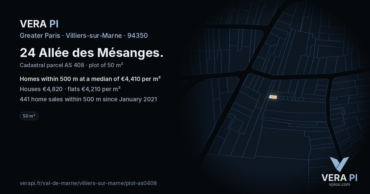 24 Allée des Mésanges, Villiers-sur-Marne at night – the plot lit, the parcels around coloured by the prices near them
