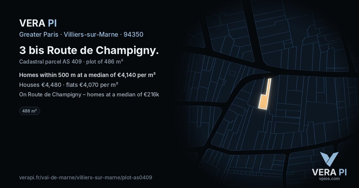 3 bis Route de Champigny, Villiers-sur-Marne at night – the plot lit, the parcels around coloured by the prices near them