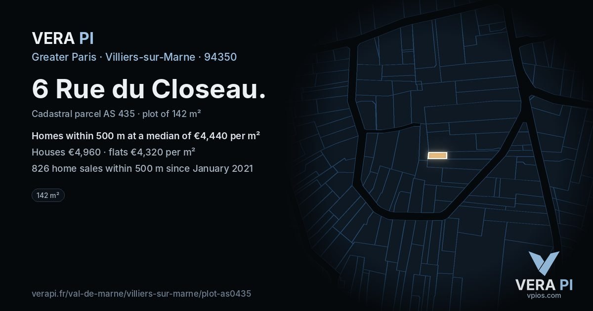 6 Rue du Closeau, Villiers-sur-Marne at night – the plot lit, the parcels around coloured by the prices near them