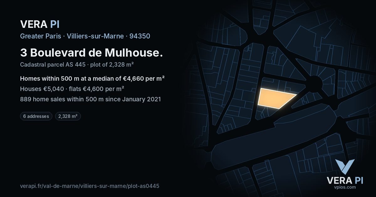3 Boulevard de Mulhouse, Villiers-sur-Marne at night – the plot lit, the parcels around coloured by the prices near them