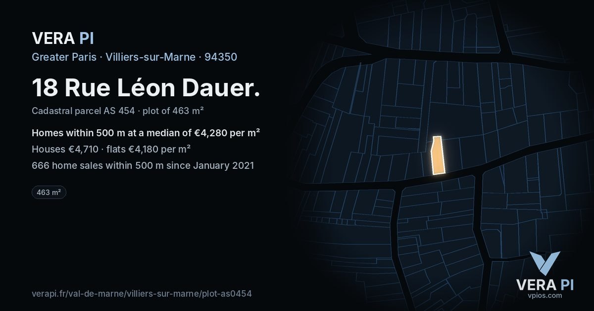 18 Rue Léon Dauer, Villiers-sur-Marne at night – the plot lit, the parcels around coloured by the prices near them