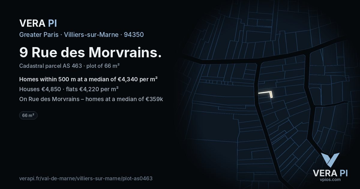 9 Rue des Morvrains, Villiers-sur-Marne at night – the plot lit, the parcels around coloured by the prices near them