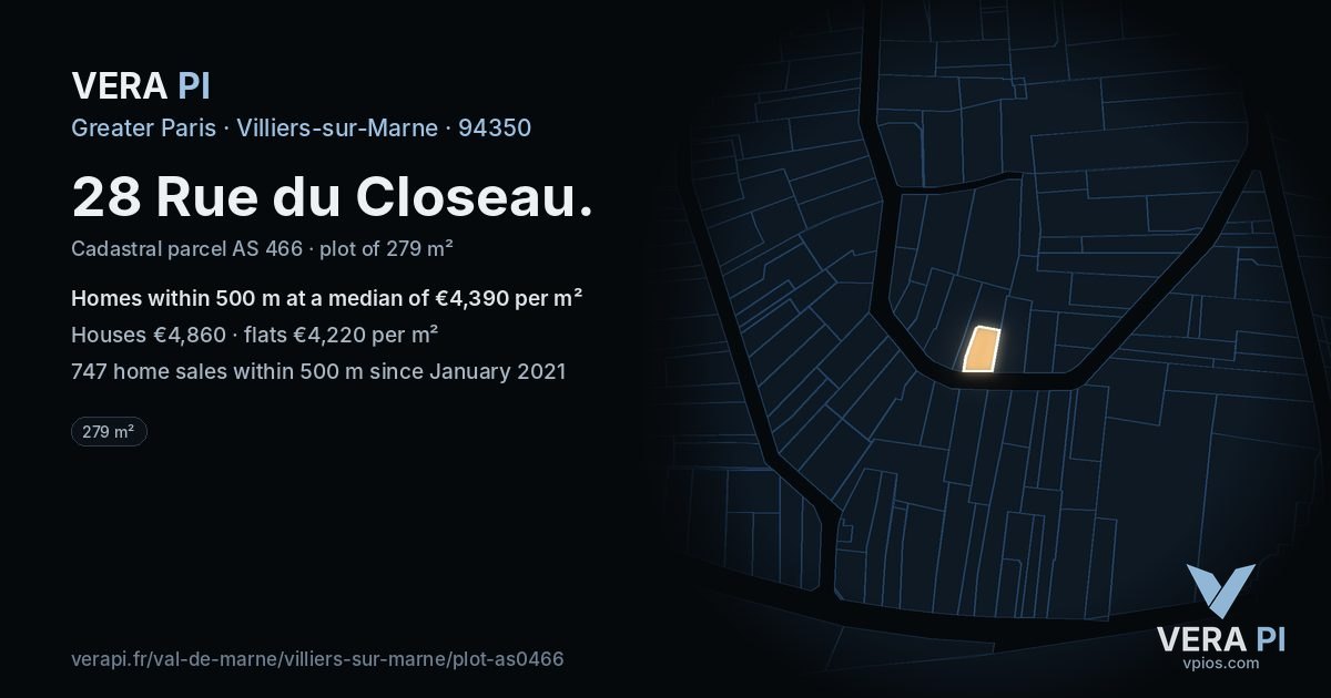 28 Rue du Closeau, Villiers-sur-Marne at night – the plot lit, the parcels around coloured by the prices near them