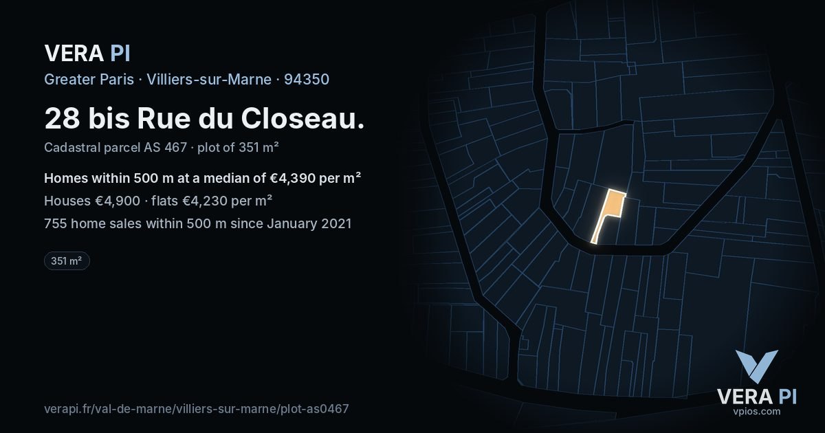 28 bis Rue du Closeau, Villiers-sur-Marne at night – the plot lit, the parcels around coloured by the prices near them