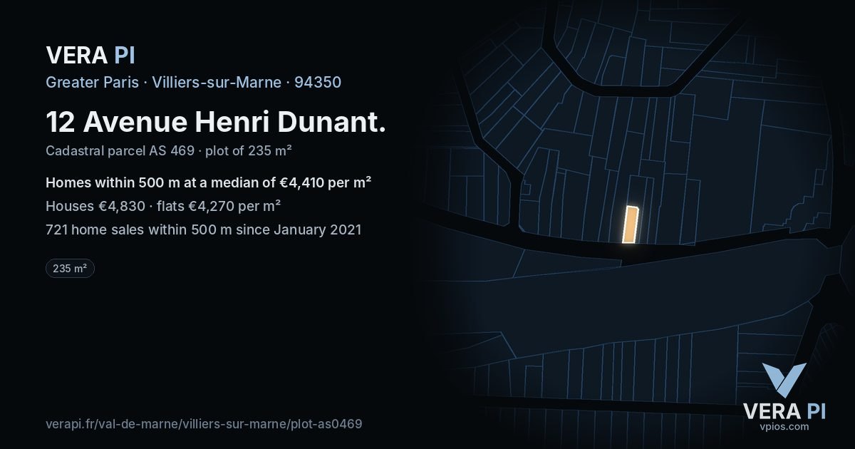 12 Avenue Henri Dunant, Villiers-sur-Marne at night – the plot lit, the parcels around coloured by the prices near them