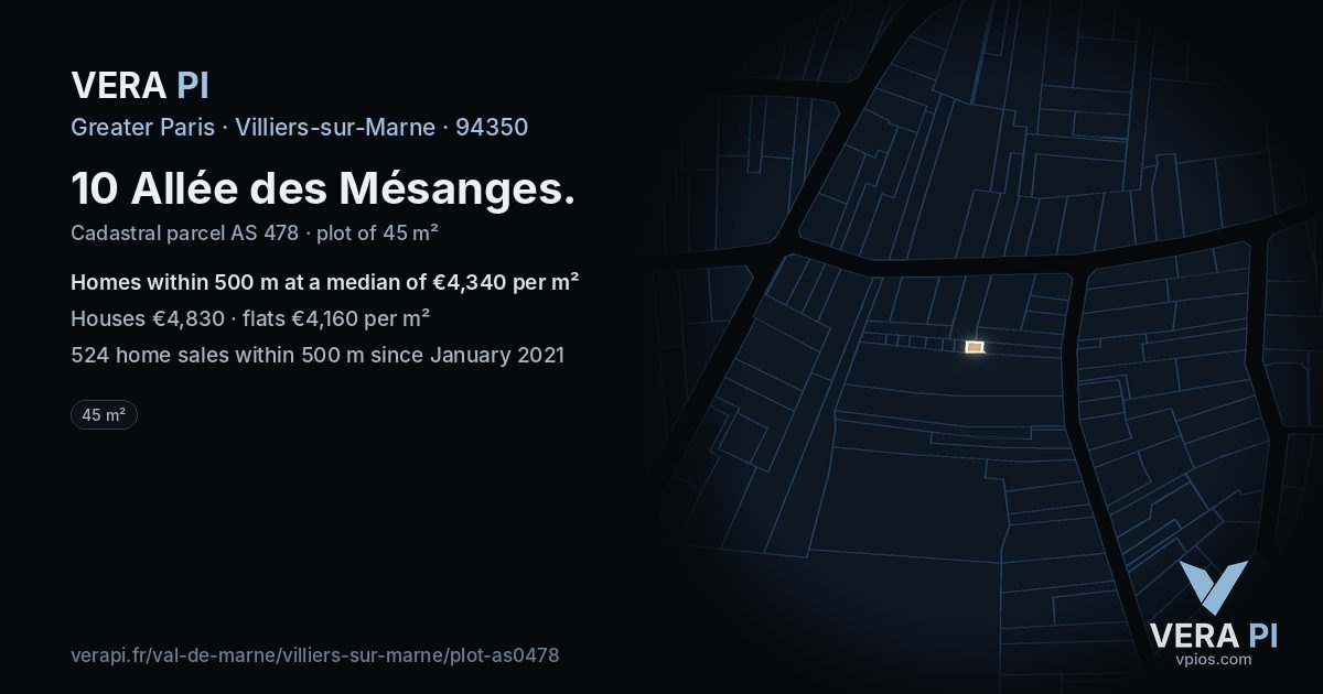 10 Allée des Mésanges, Villiers-sur-Marne at night – the plot lit, the parcels around coloured by the prices near them