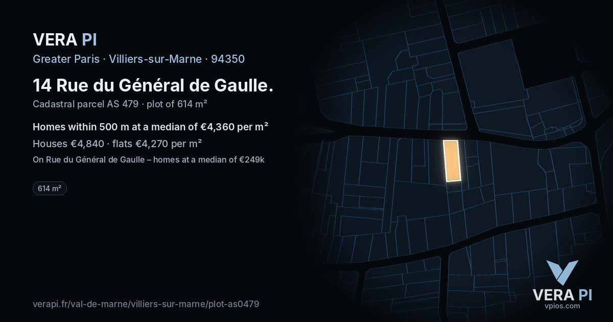 14 Rue du Général de Gaulle, Villiers-sur-Marne at night – the plot lit, the parcels around coloured by the prices near them
