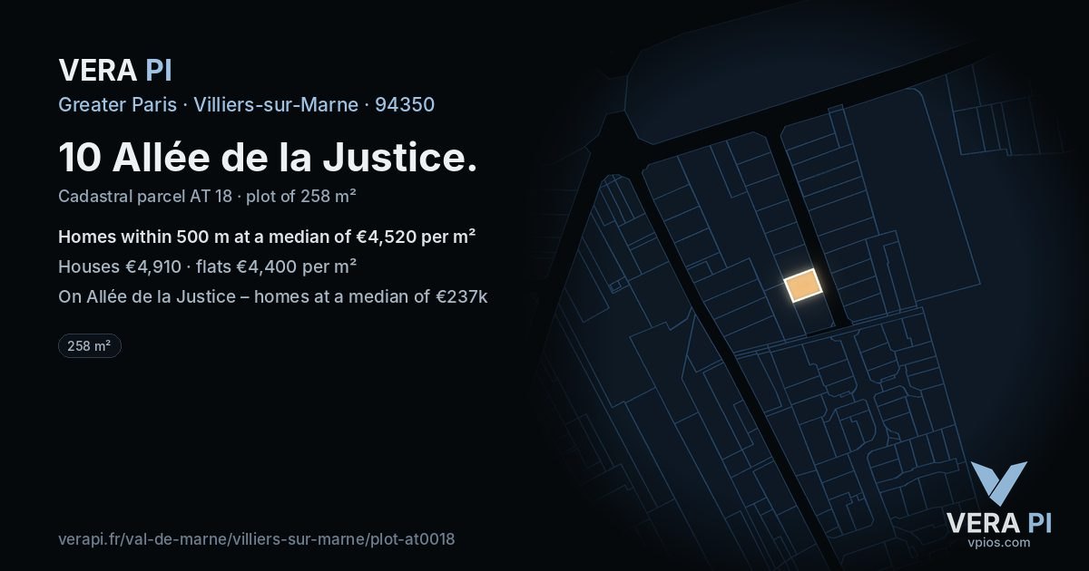 10 Allée de la Justice, Villiers-sur-Marne at night – the plot lit, the parcels around coloured by the prices near them
