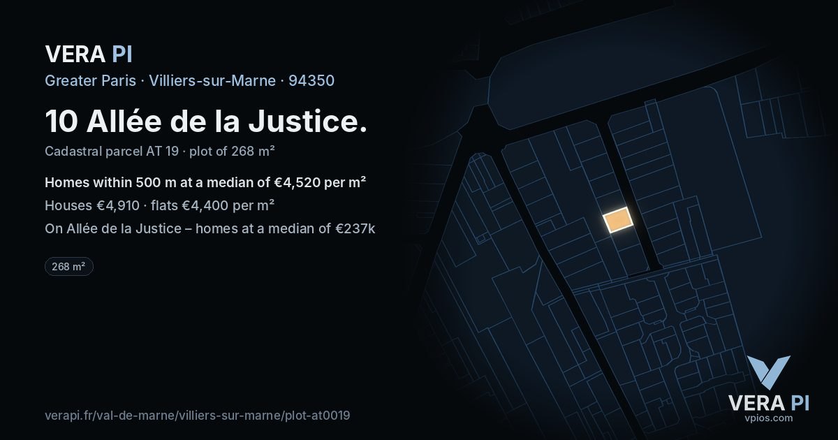 10 Allée de la Justice, Villiers-sur-Marne at night – the plot lit, the parcels around coloured by the prices near them