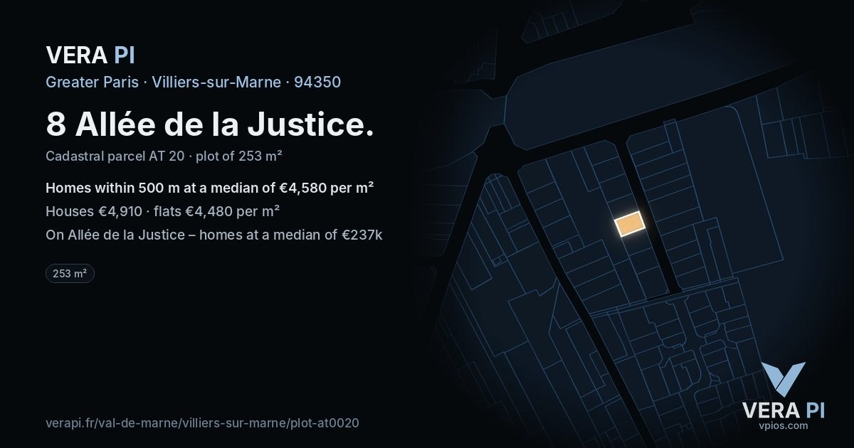 8 Allée de la Justice, Villiers-sur-Marne at night – the plot lit, the parcels around coloured by the prices near them
