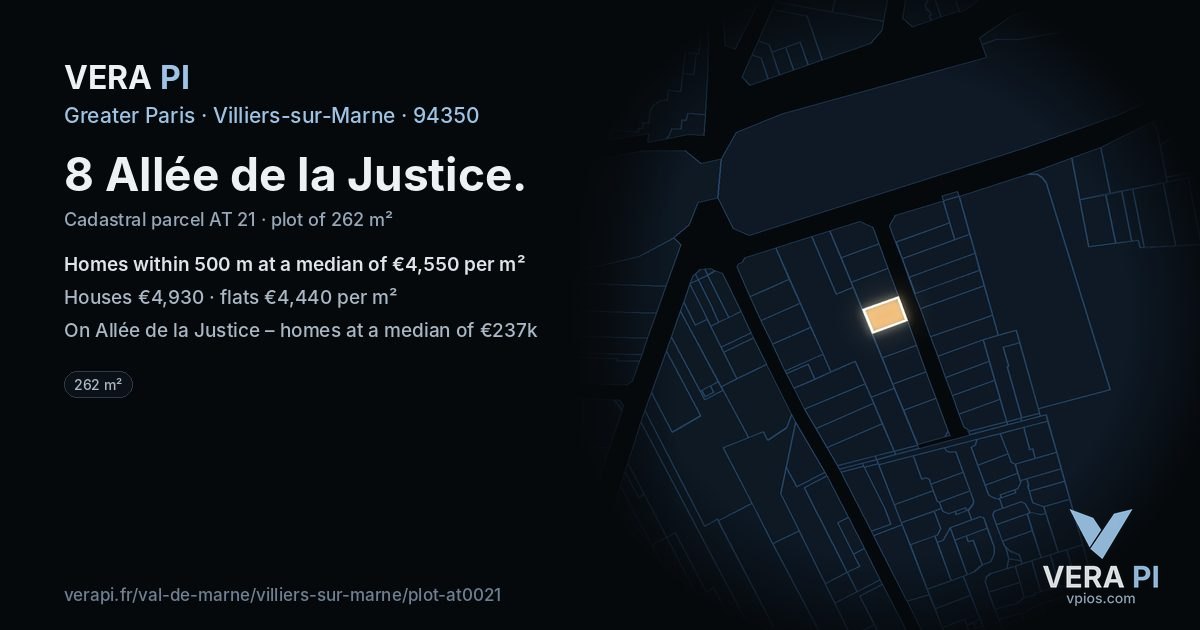 8 Allée de la Justice, Villiers-sur-Marne at night – the plot lit, the parcels around coloured by the prices near them