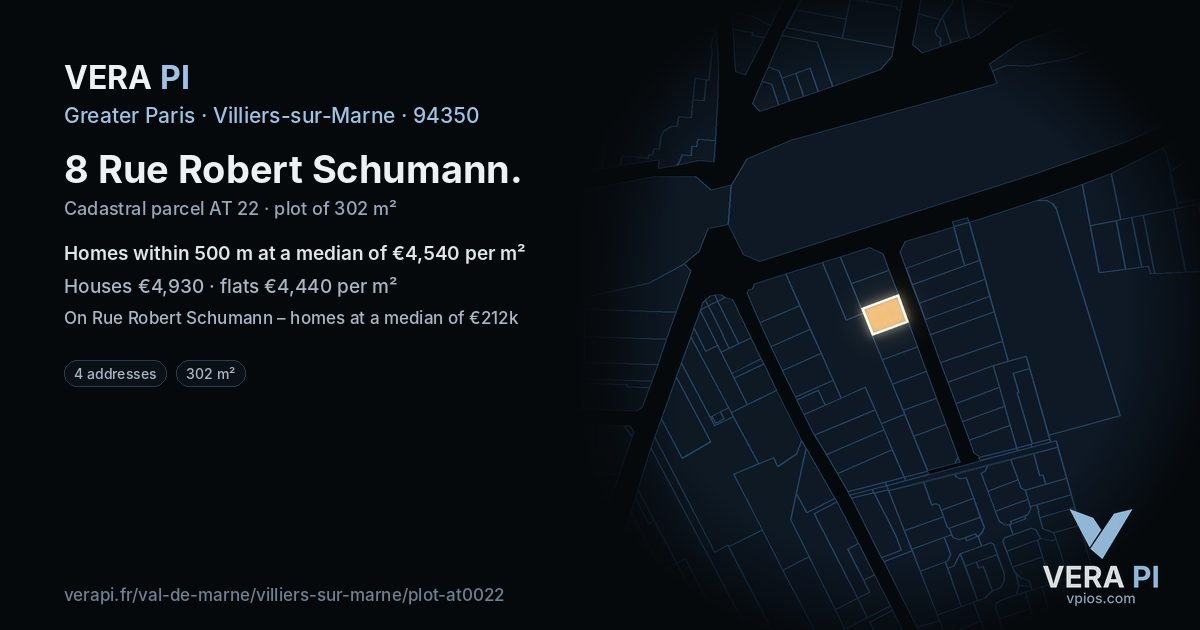8 Rue Robert Schumann, Villiers-sur-Marne at night – the plot lit, the parcels around coloured by the prices near them