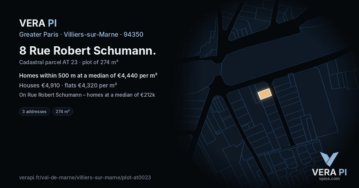 8 Rue Robert Schumann, Villiers-sur-Marne at night – the plot lit, the parcels around coloured by the prices near them