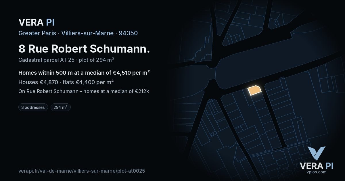 8 Rue Robert Schumann, Villiers-sur-Marne at night – the plot lit, the parcels around coloured by the prices near them