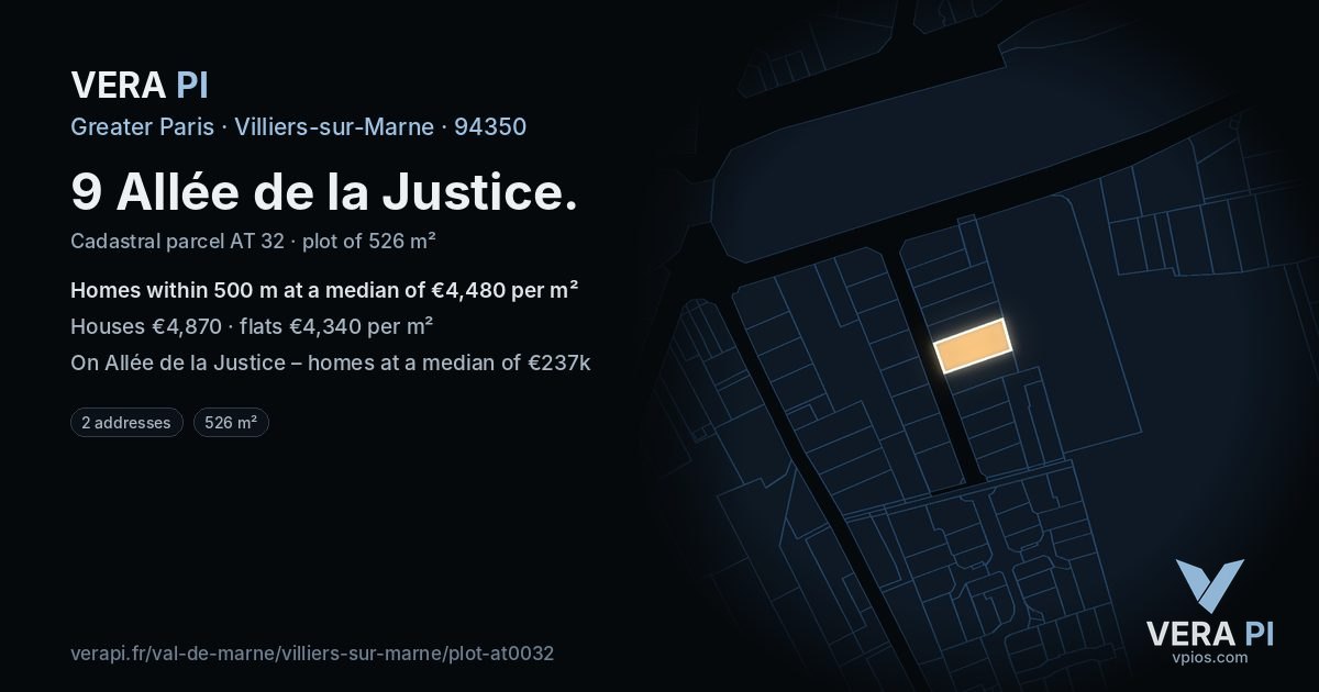 9 Allée de la Justice, Villiers-sur-Marne at night – the plot lit, the parcels around coloured by the prices near them