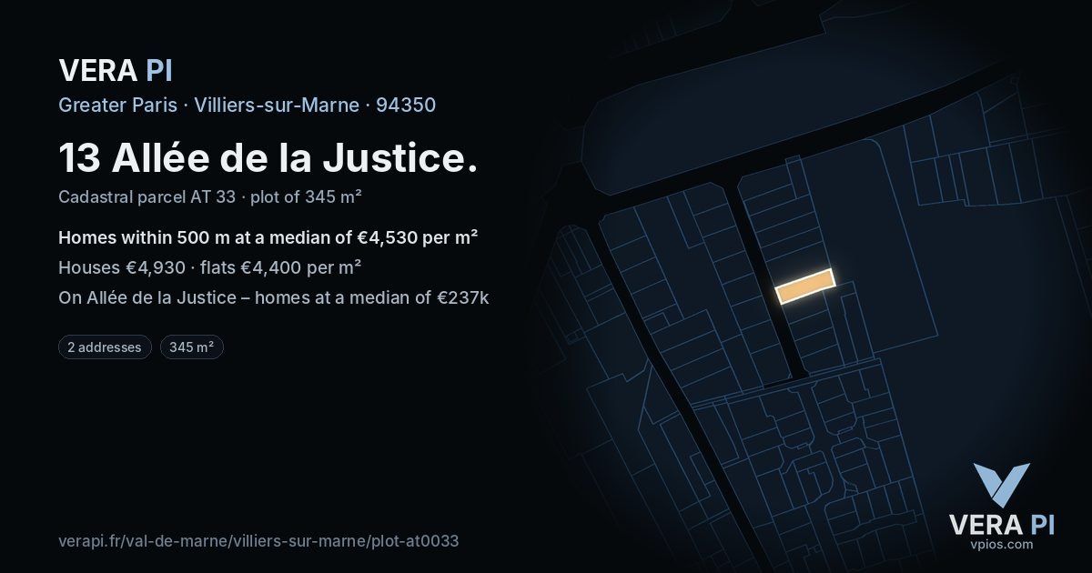 13 Allée de la Justice, Villiers-sur-Marne at night – the plot lit, the parcels around coloured by the prices near them