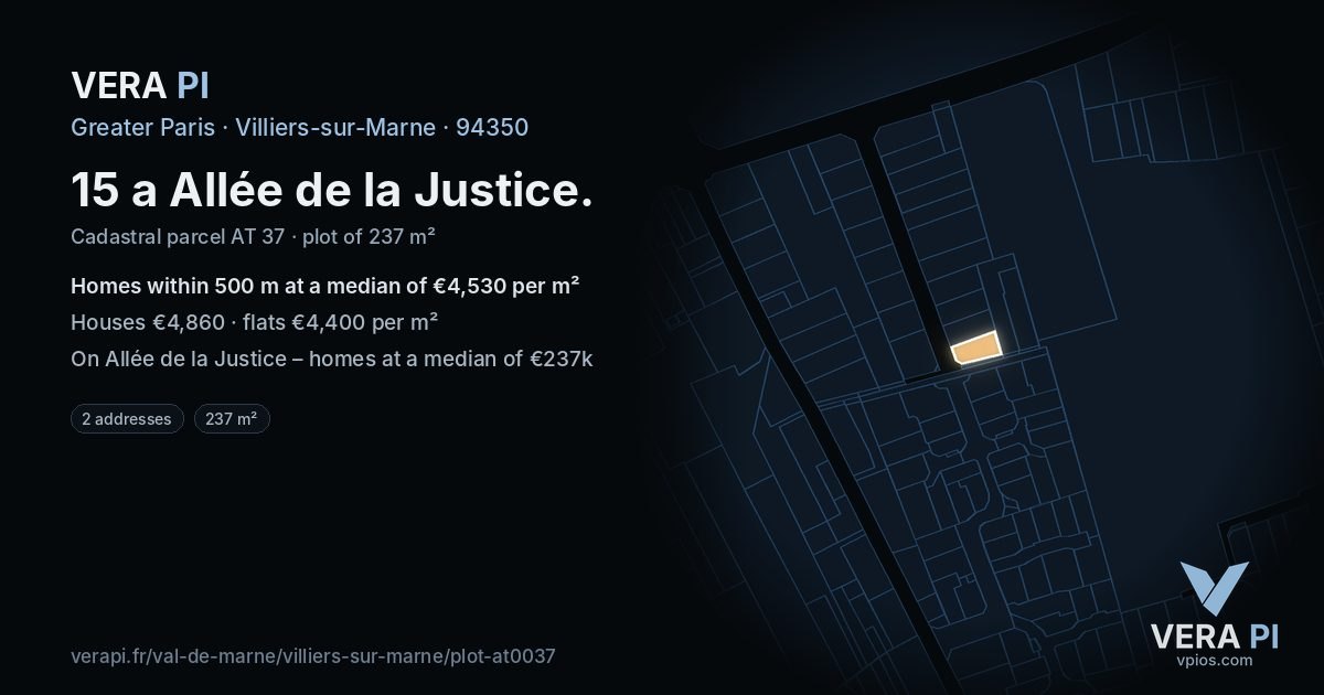 15 a Allée de la Justice, Villiers-sur-Marne at night – the plot lit, the parcels around coloured by the prices near them