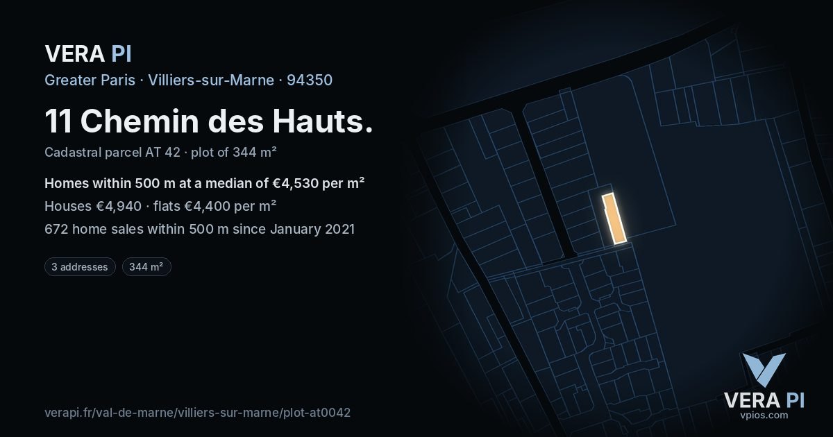 11 Chemin des Hauts, Villiers-sur-Marne at night – the plot lit, the parcels around coloured by the prices near them