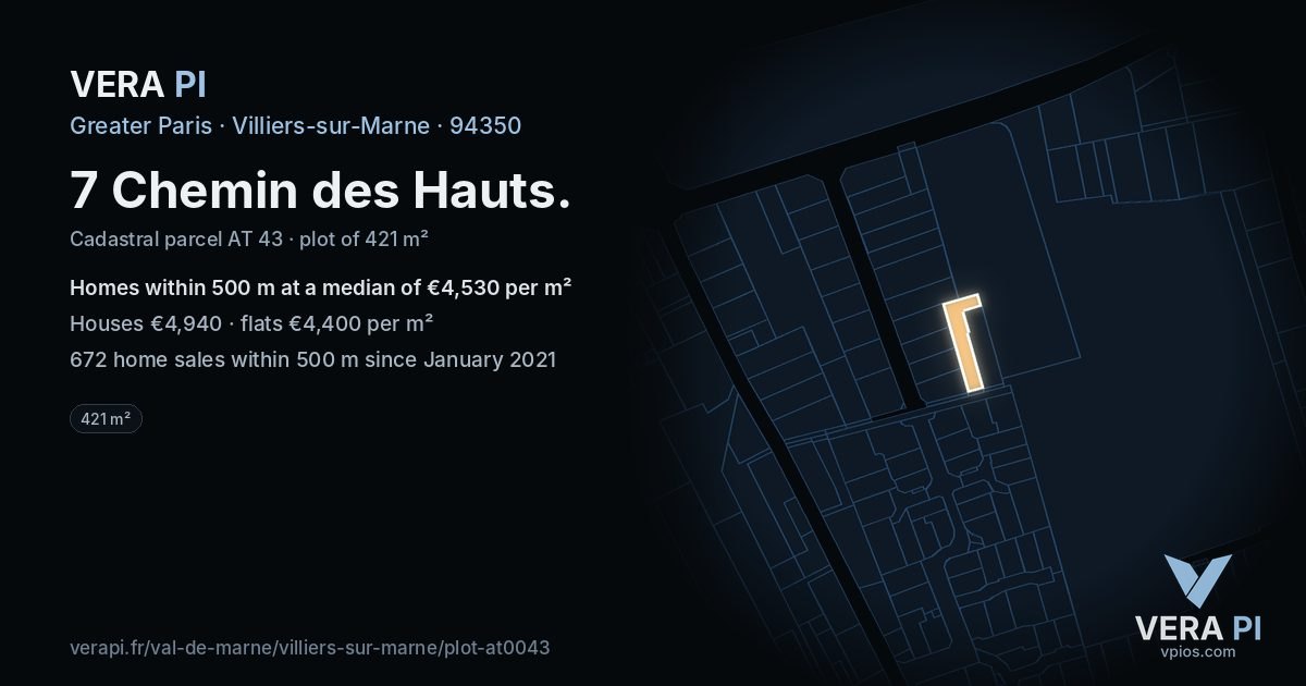 7 Chemin des Hauts, Villiers-sur-Marne at night – the plot lit, the parcels around coloured by the prices near them