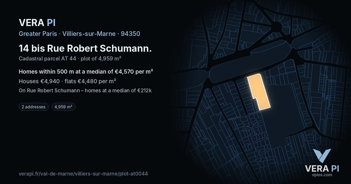 14 bis Rue Robert Schumann, Villiers-sur-Marne at night – the plot lit, the parcels around coloured by the prices near them