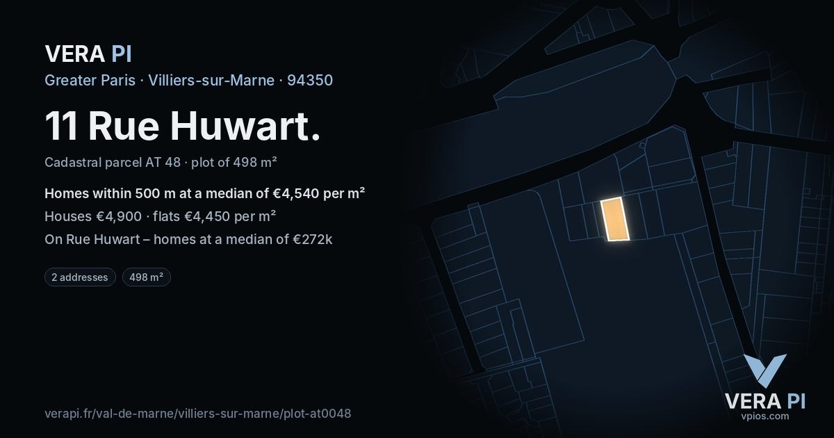 11 Rue Huwart, Villiers-sur-Marne at night – the plot lit, the parcels around coloured by the prices near them