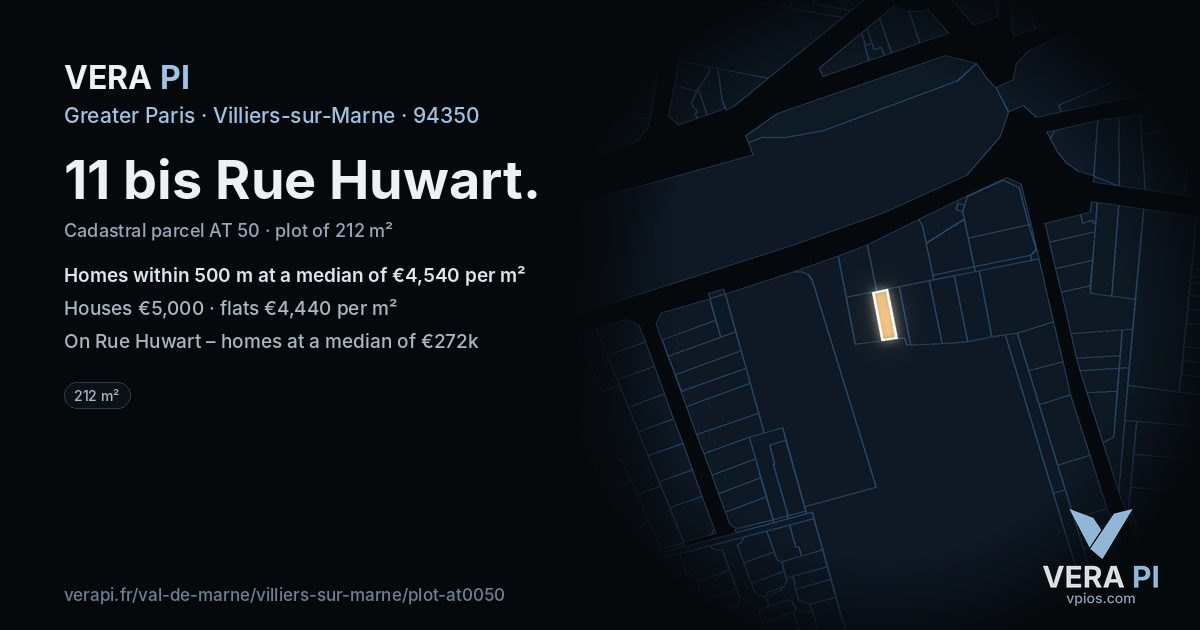 11 bis Rue Huwart, Villiers-sur-Marne at night – the plot lit, the parcels around coloured by the prices near them