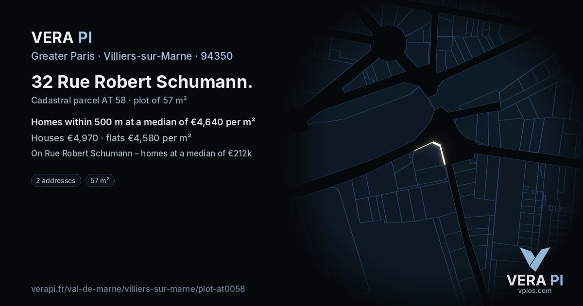 32 Rue Robert Schumann, Villiers-sur-Marne at night – the plot lit, the parcels around coloured by the prices near them