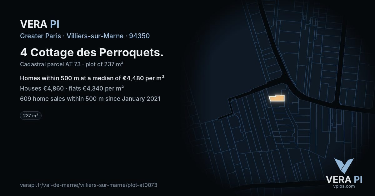 4 Cottage des Perroquets, Villiers-sur-Marne at night – the plot lit, the parcels around coloured by the prices near them