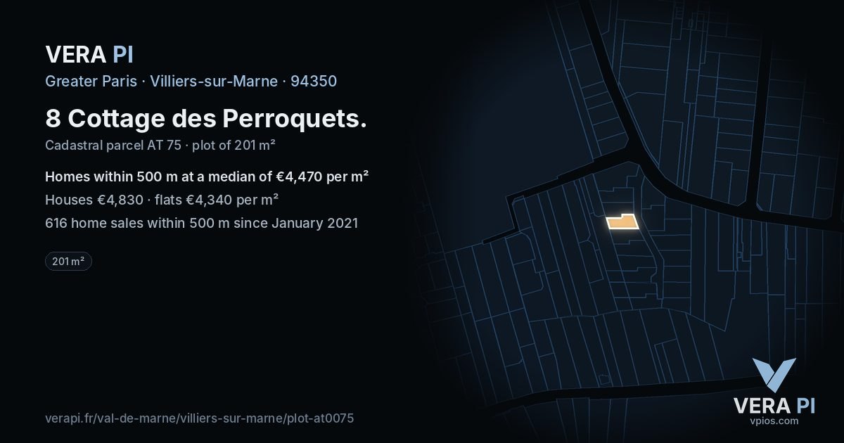 8 Cottage des Perroquets, Villiers-sur-Marne at night – the plot lit, the parcels around coloured by the prices near them