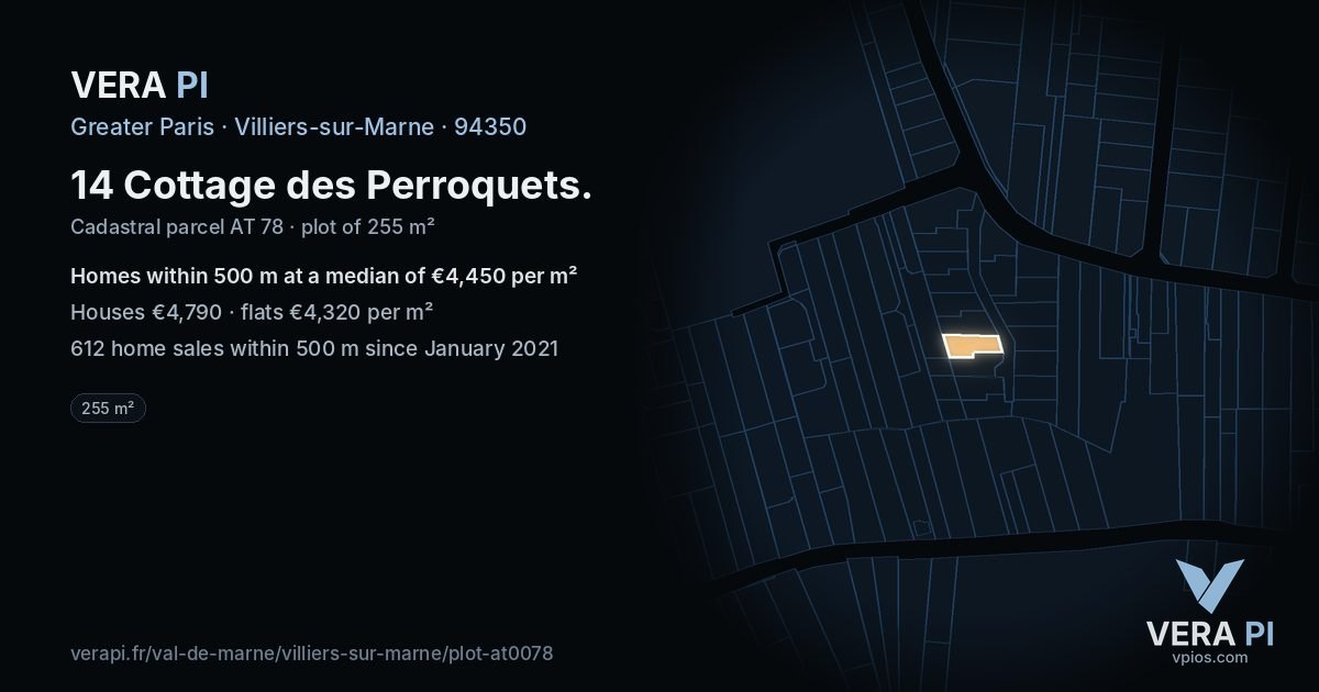 14 Cottage des Perroquets, Villiers-sur-Marne at night – the plot lit, the parcels around coloured by the prices near them