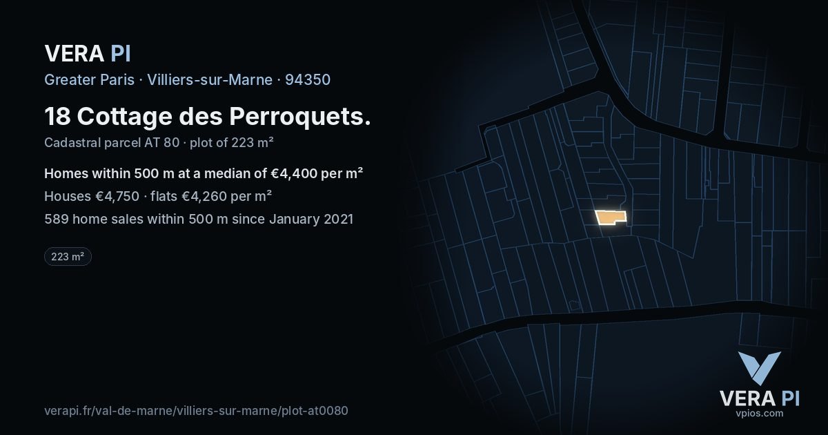 18 Cottage des Perroquets, Villiers-sur-Marne at night – the plot lit, the parcels around coloured by the prices near them