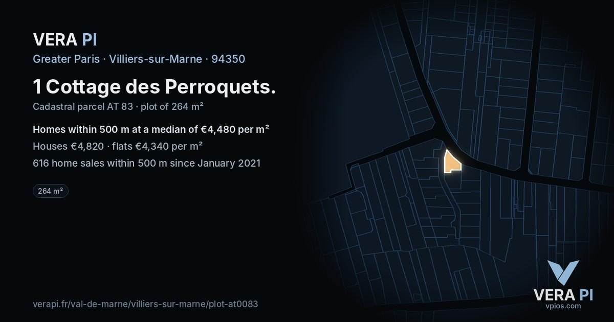 1 Cottage des Perroquets, Villiers-sur-Marne at night – the plot lit, the parcels around coloured by the prices near them