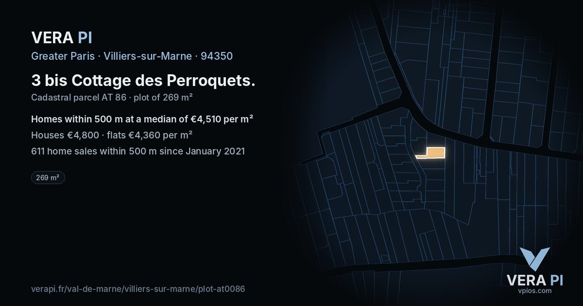 3 bis Cottage des Perroquets, Villiers-sur-Marne at night – the plot lit, the parcels around coloured by the prices near them