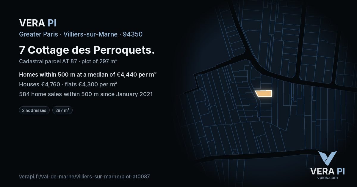 7 Cottage des Perroquets, Villiers-sur-Marne at night – the plot lit, the parcels around coloured by the prices near them