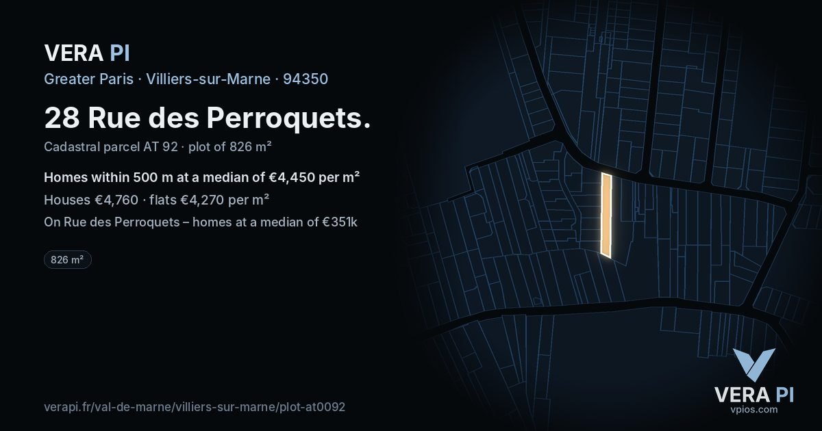28 Rue des Perroquets, Villiers-sur-Marne at night – the plot lit, the parcels around coloured by the prices near them