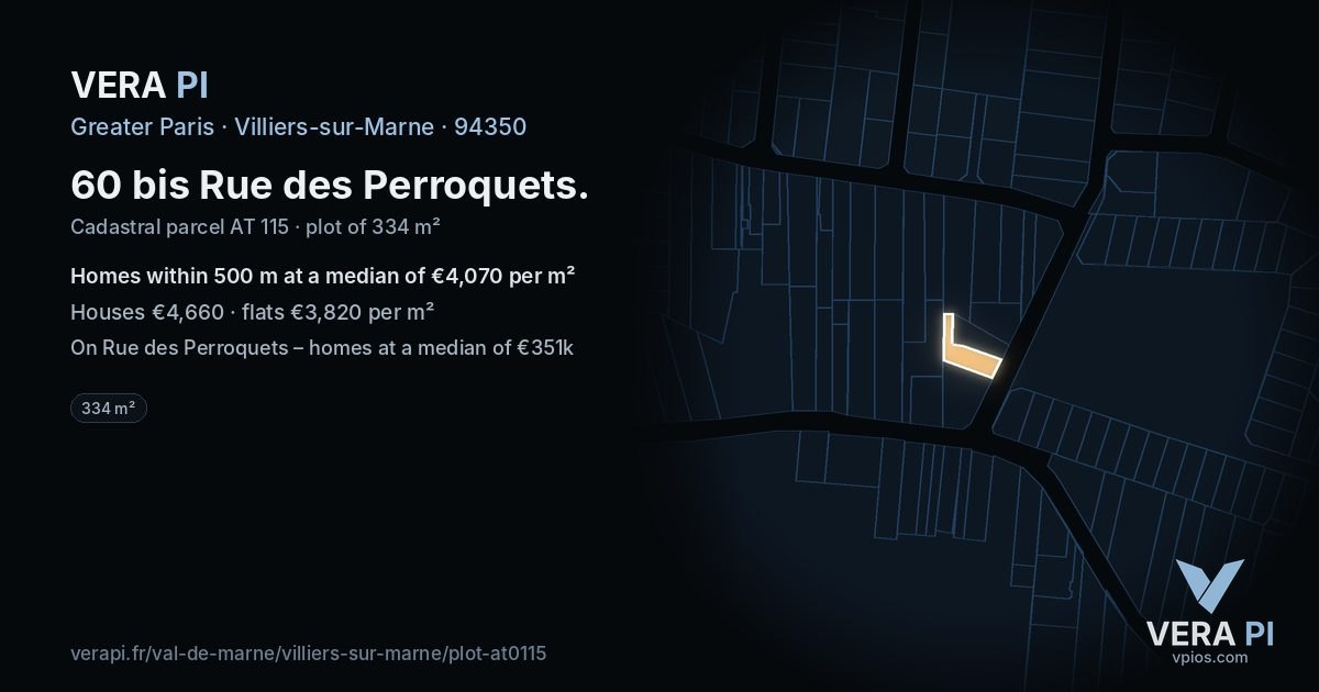 60 bis Rue des Perroquets, Villiers-sur-Marne at night – the plot lit, the parcels around coloured by the prices near them